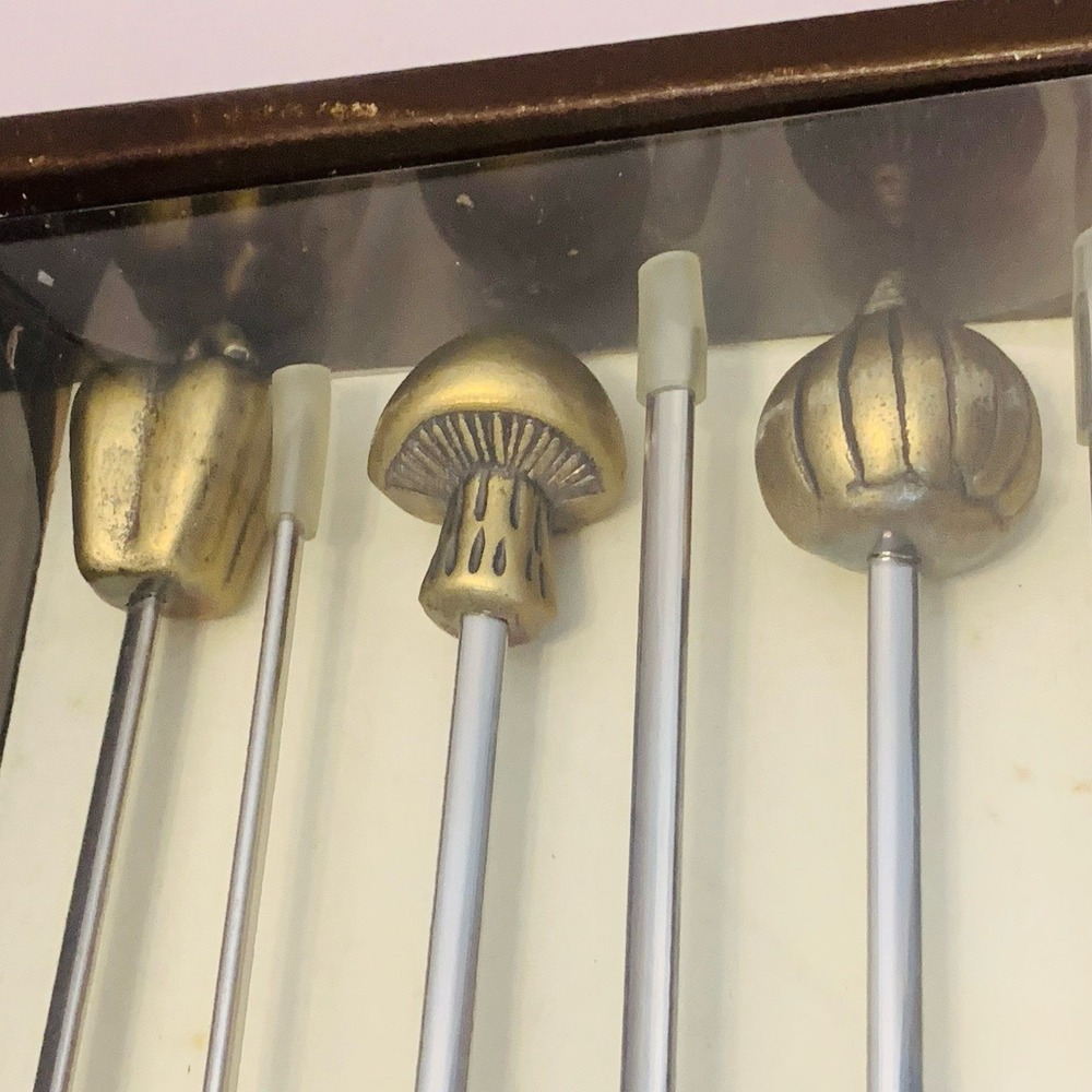 Shish Kabob Skewers BBQ Grill Brass Mushroom Veggie 6 PC MCM NOS Stainless VTG